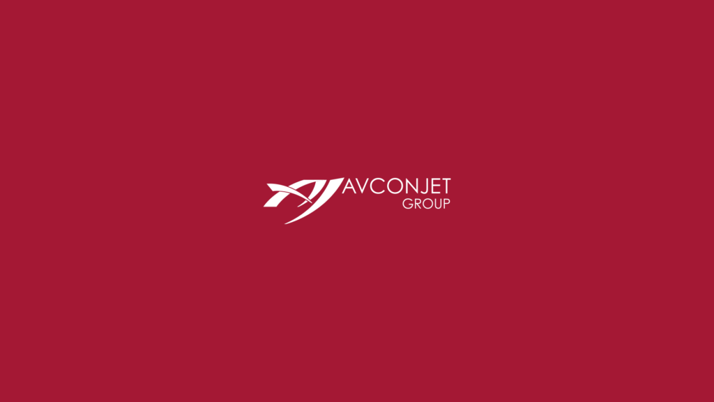 Avcon Jet Group logo on a deep red background, featuring a stylized white jet icon and the company name in modern typography.
